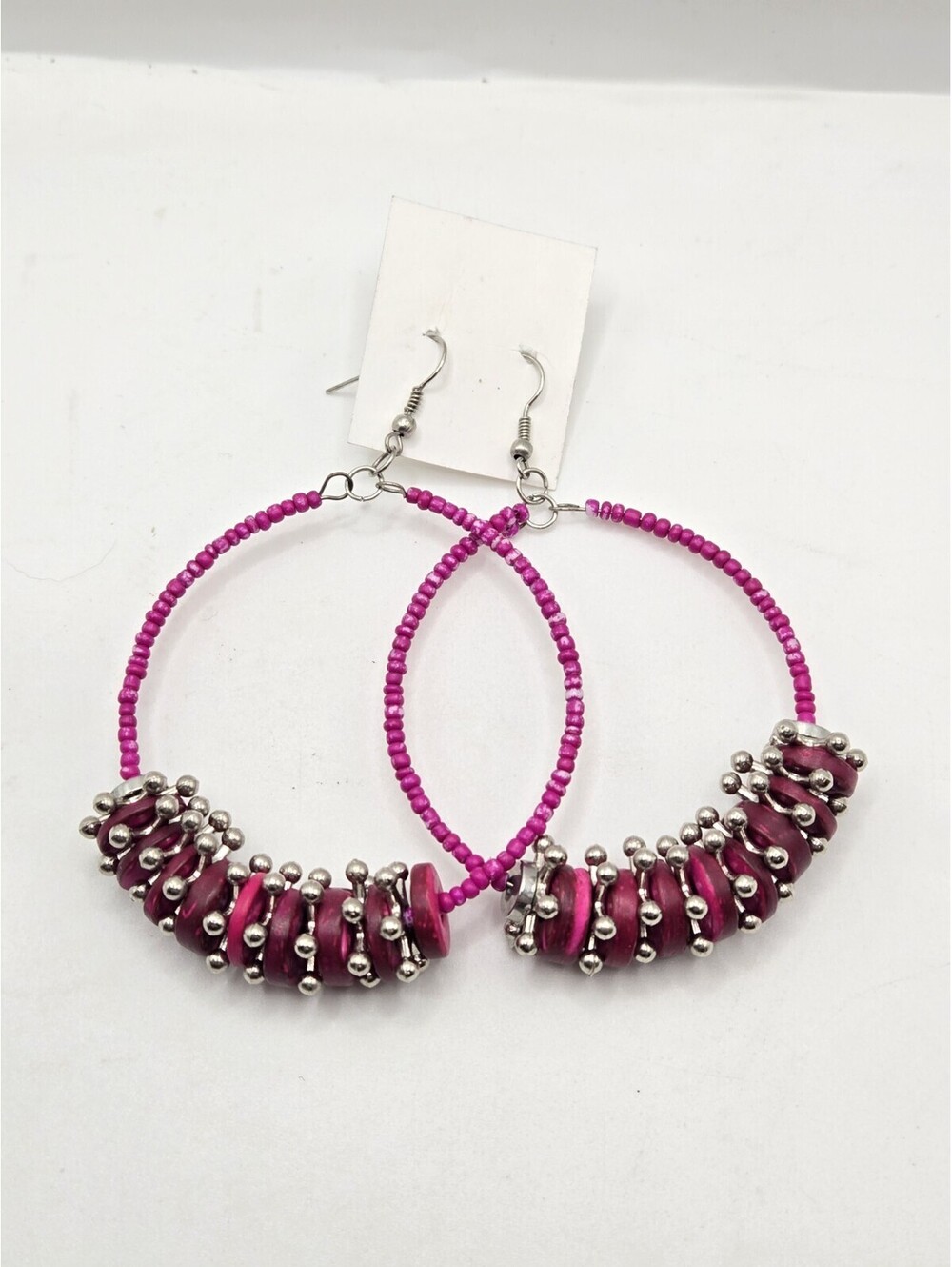 Boho Magenta Fuchsia Pink Beaded Hoop Earrings Seed Bead Disc Silver Tone 3in